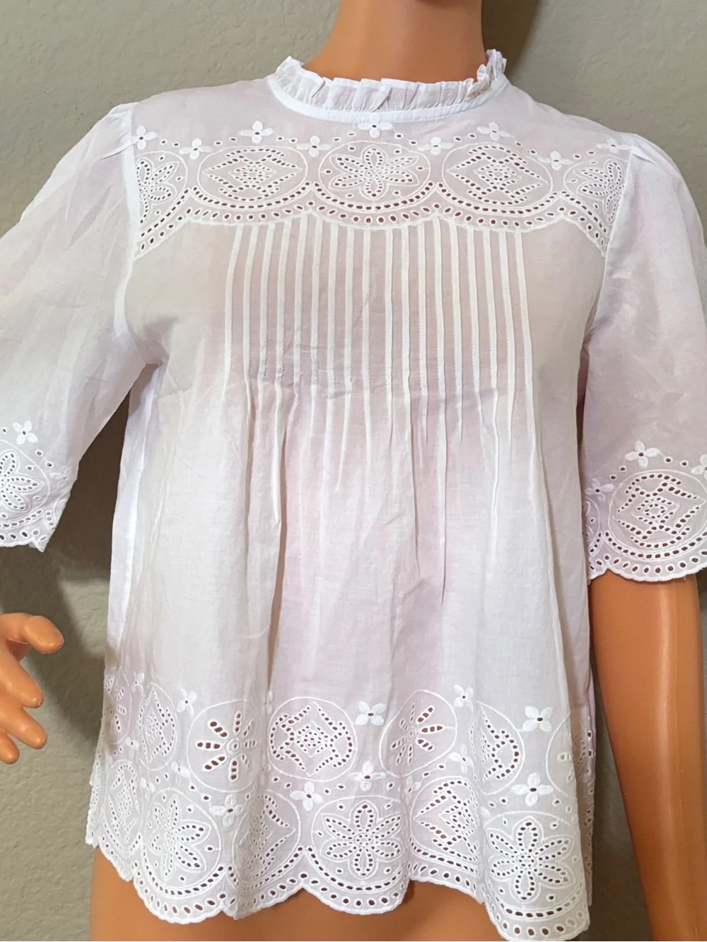 Madewell NWT White Eyelet Embroidered Pintuck Blouse Top Size S MSRP $110